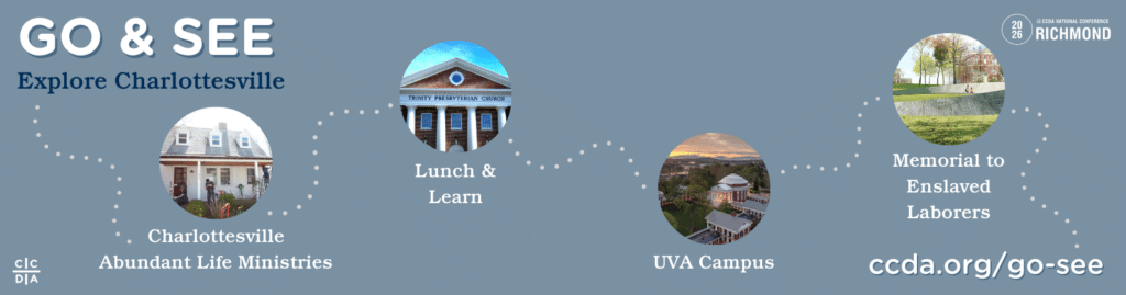 Go & See
Explore Charlottesville

Charlottesville Abundant Life Ministries
Lunch & Learn
UVA Campus
Memorial to Enslaved Laborers

ccda.org/go-see