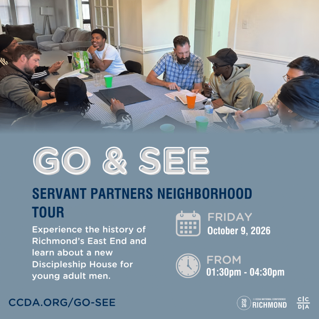 Go & See
Servant Partners Neighborhood Tour
Experience the history of Richmond’s East End and learn about a new Discipleship House for young adult men.
Friday October 9, 2026
From 1:30pm - 4:30pm