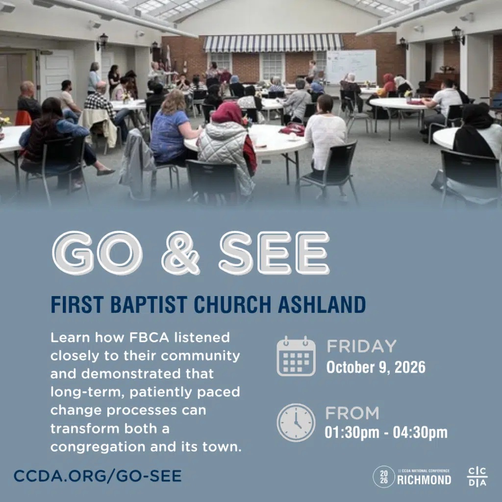 Go & See
First Baptist Church Ashland
Learn how FBCA listened closely to their community and demonstrated that long-term, patiently paced change processes can transform both a congregation and its town.
Friday October 9, 2026 from 1:30pm - 4:30pm