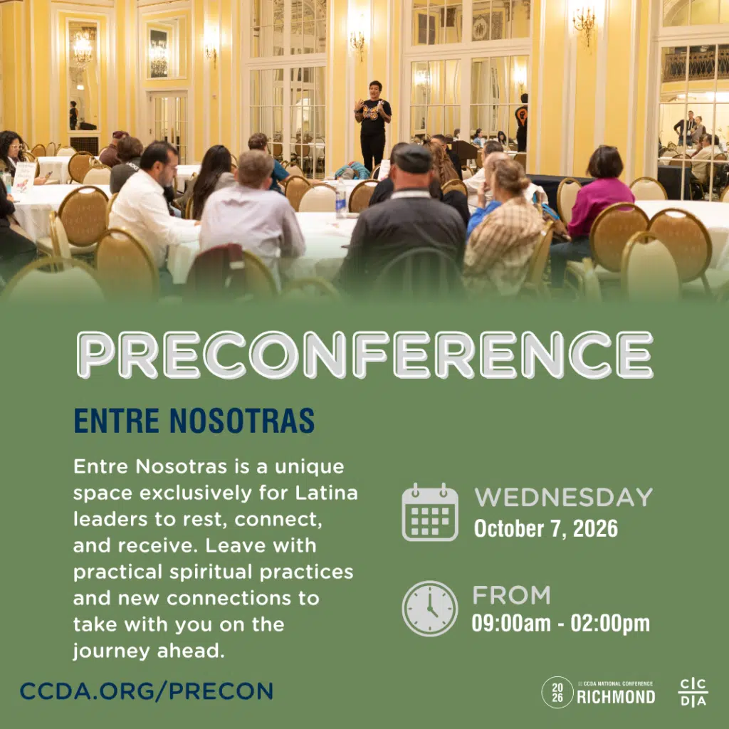 Preconference 
Entre Nosotras
Entre Nosotras is a unique space exclusively for Latina leaders to rest, connect, and receive. Leave with practical spiritual practices and new connections to take with you on the journey ahead.
Wednesday October 7, 2026
From 9am - 2pm